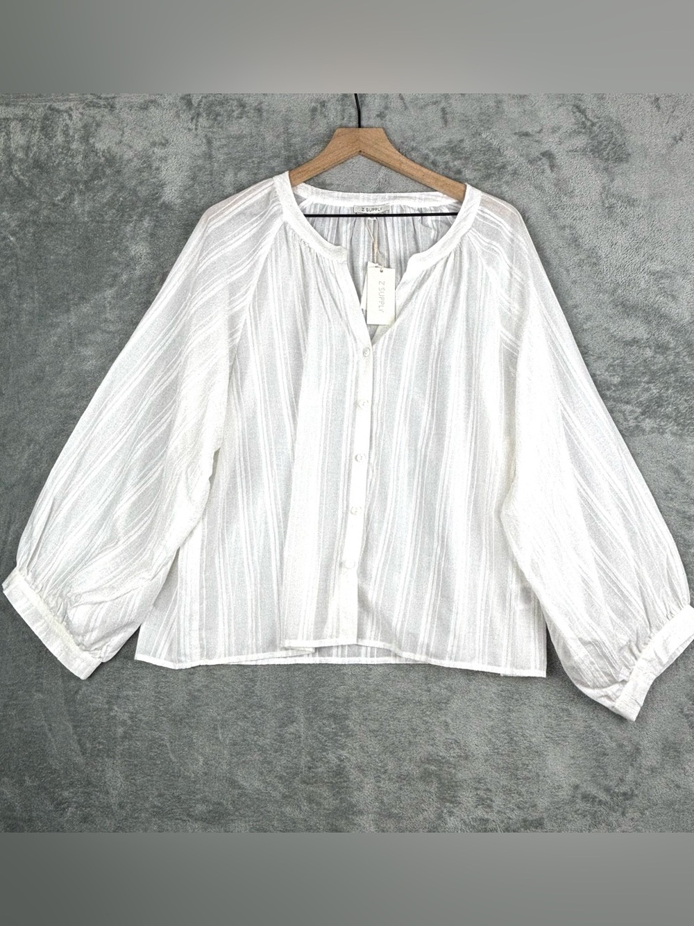 Z Supply Shirt Women XL White Wren Button Up Relaxed Henley Blouson Sleeves